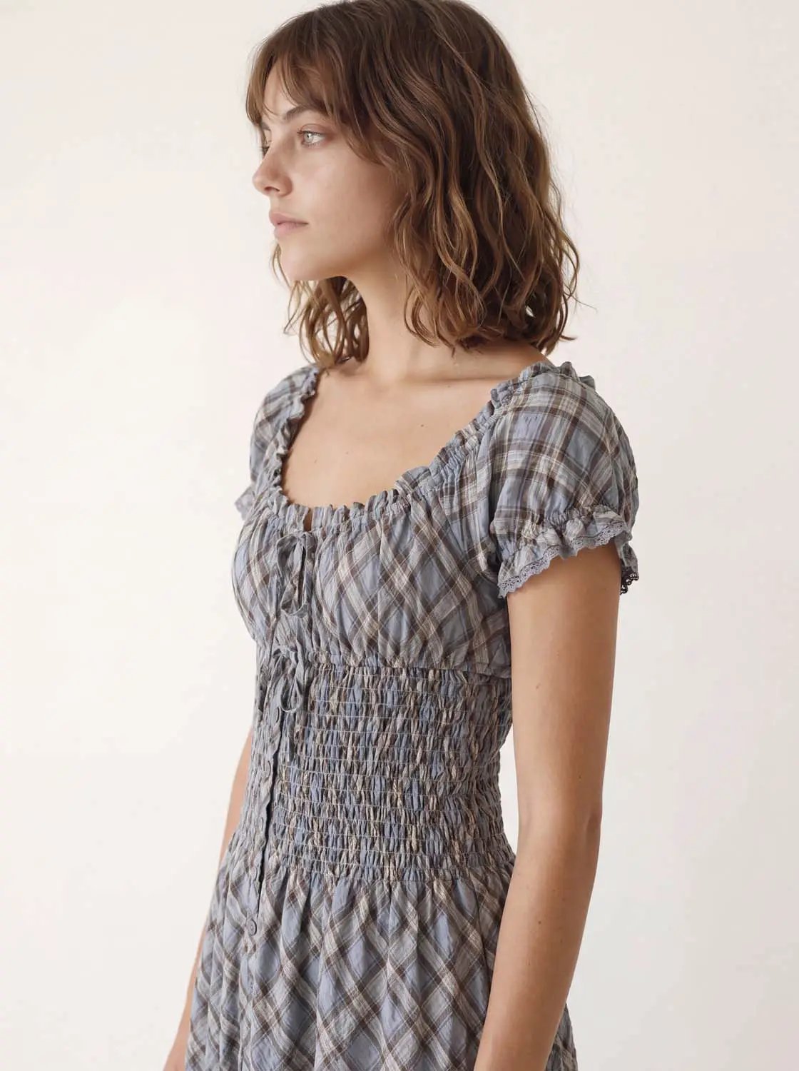 Dress by Urban Revivo Fashion; blue plaid smocked-waist dress with short puff sleeves and soft fabric.