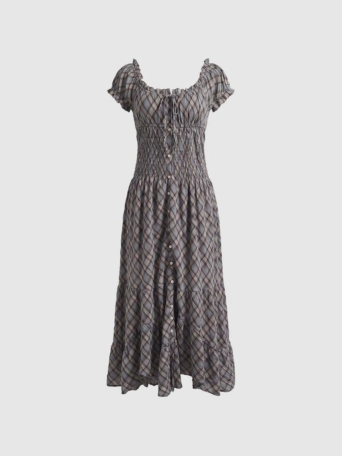 Dress, A-Line plaid maxi with smocked waist, ruffled short sleeves, and button-front.