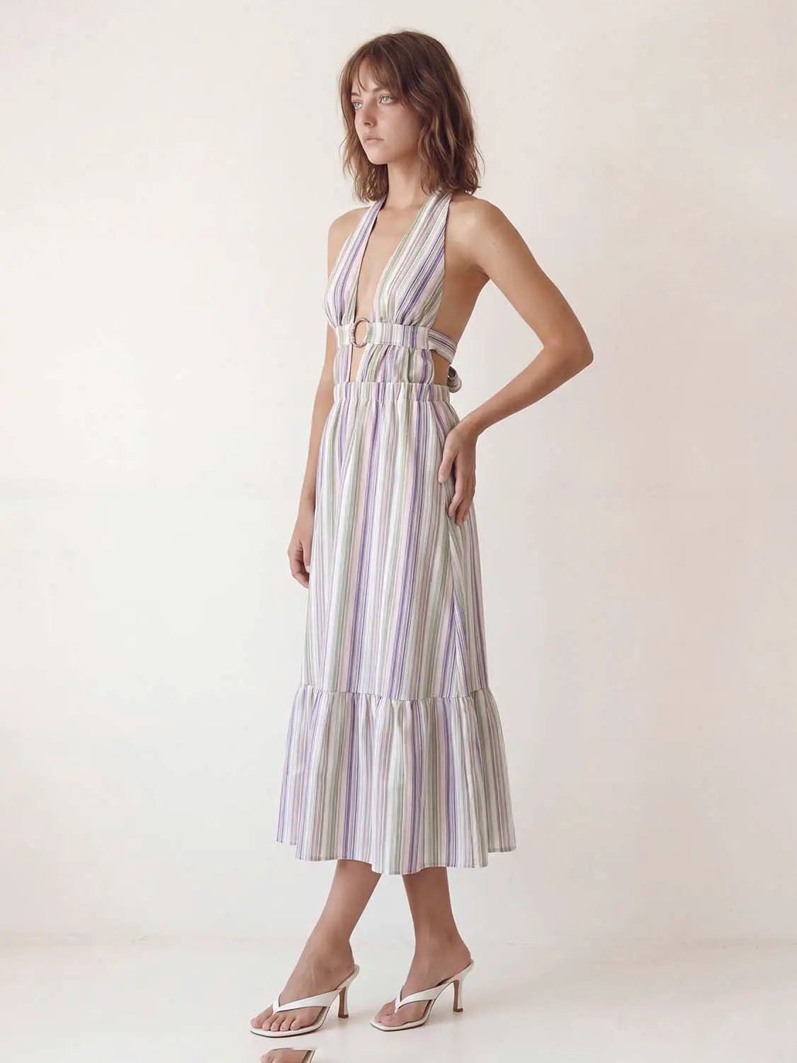 Urban Revivo A-Line striped halter midi dress with belt in pastel tones