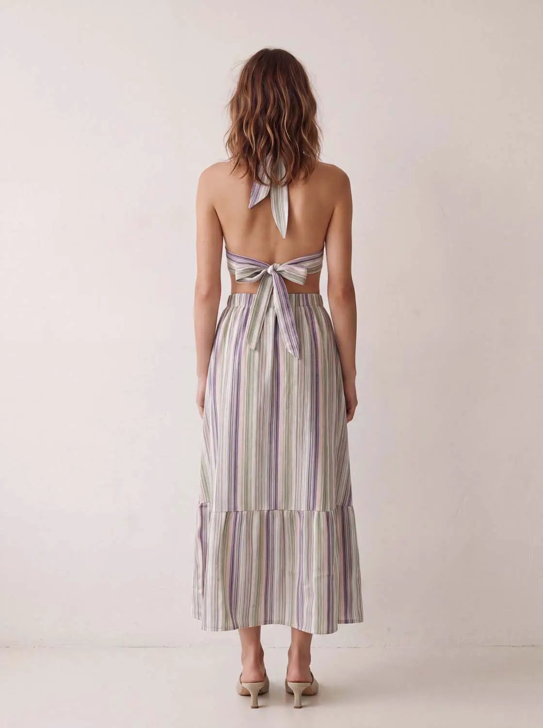 A-Line dress, pastel striped halter-back maxi with waist bow