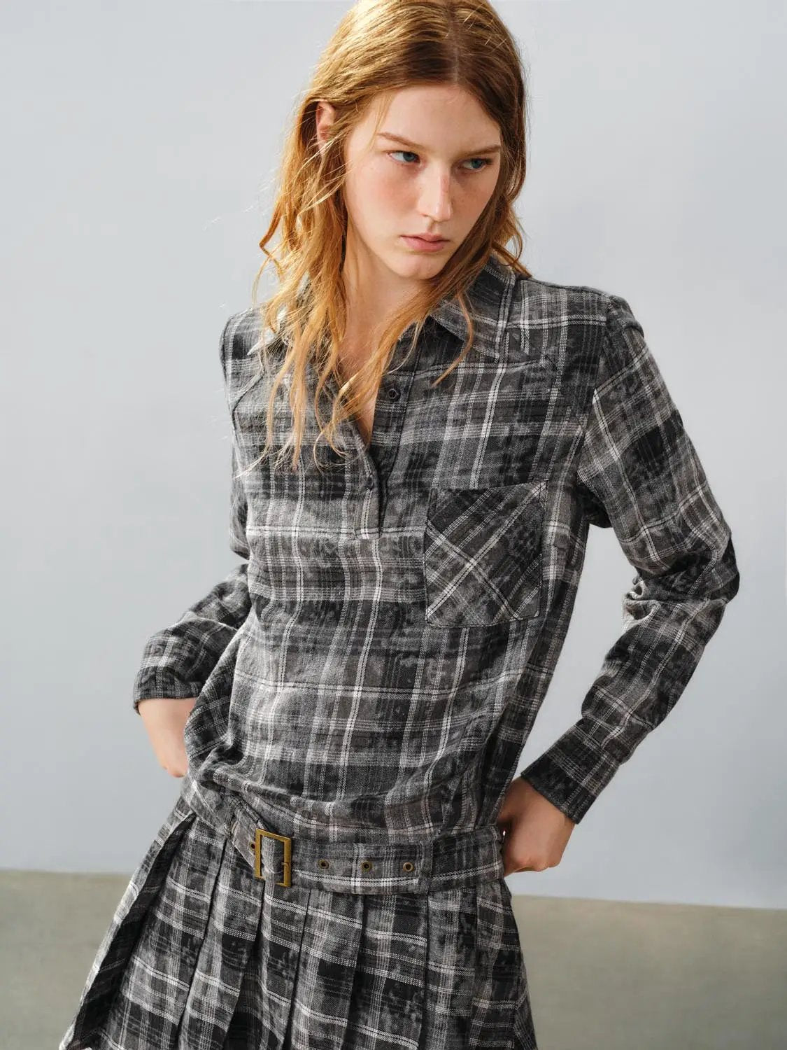 A-Line Dress in gray plaid with front pocket and belt, Urban Revivo Fashion