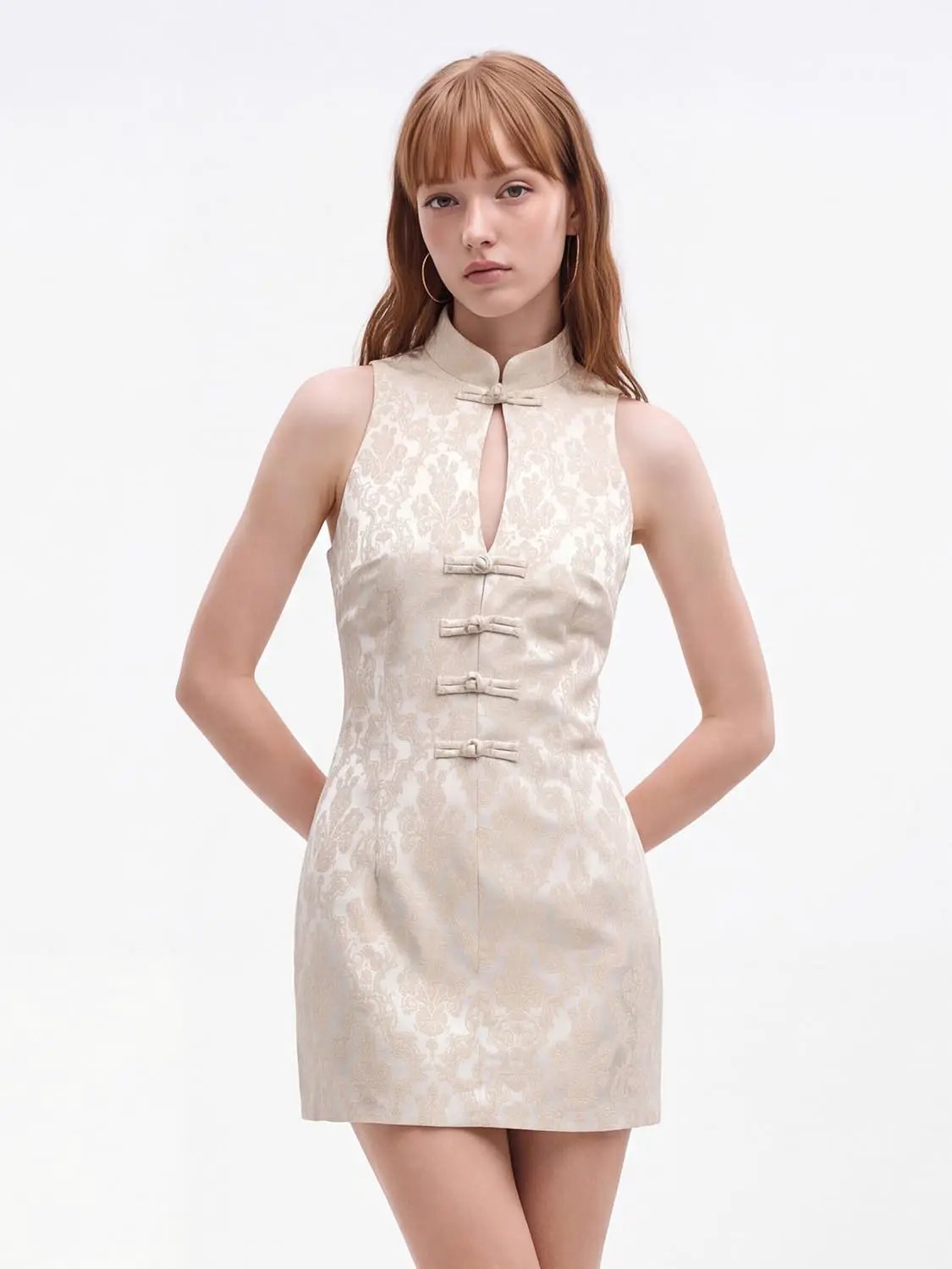 S-line Dress beige jacquard sleeveless slim-fit mini with frog closures