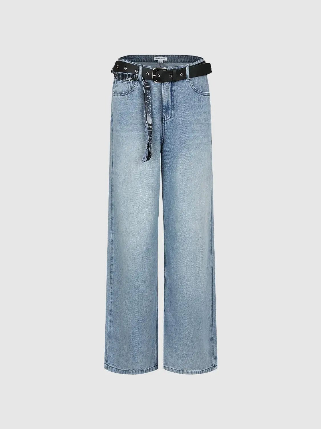 Wide-leg cotton denim jeans in light wash with decorative patch detail and belt.