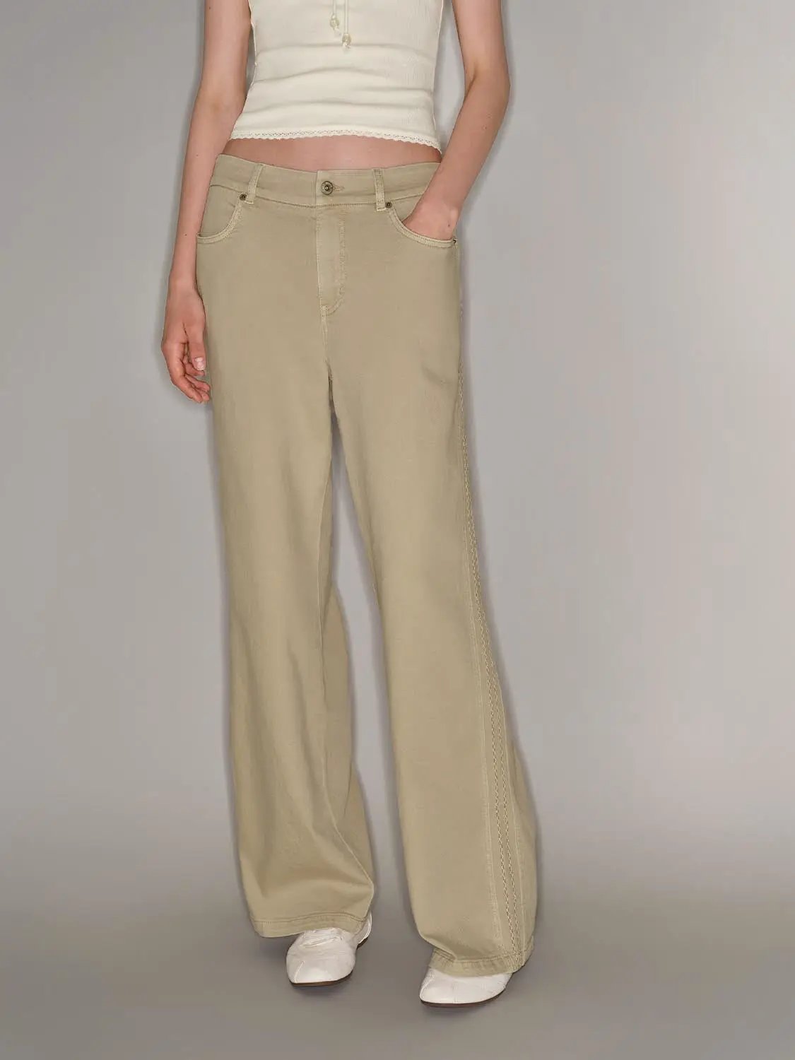 Casual jeans in beige khaki, wide-leg full-length pants