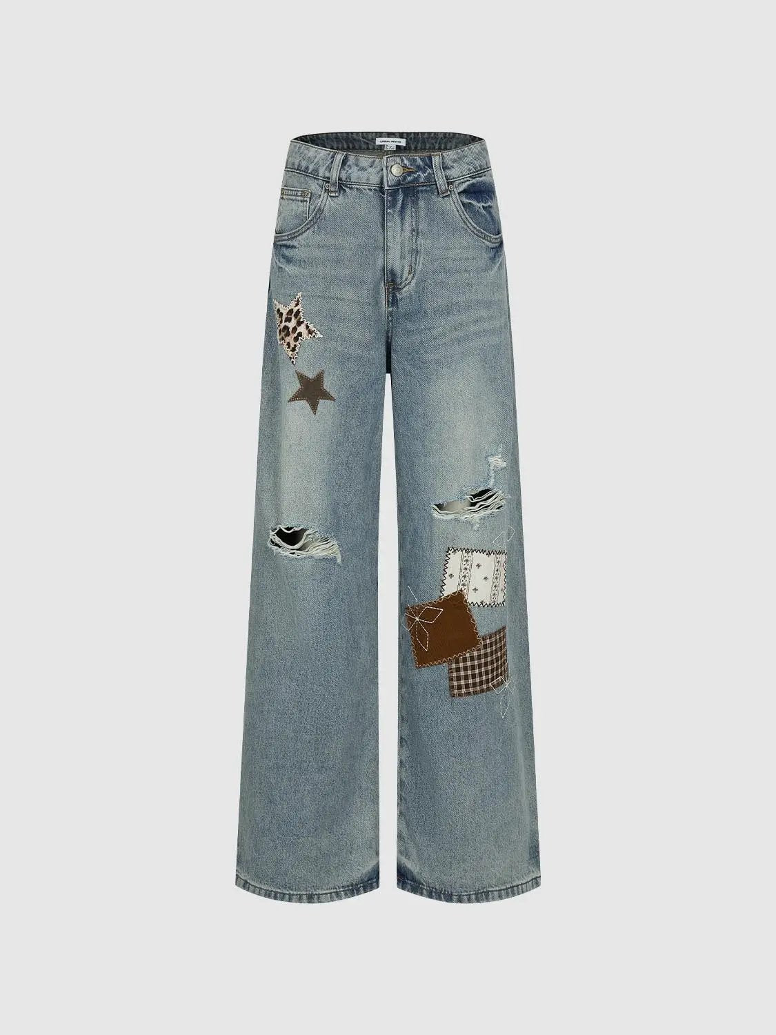 Patchwork ripped wide-leg cotton jeans by Urban Revivo Fashion, light blue wash with star and leopard-print patches.
