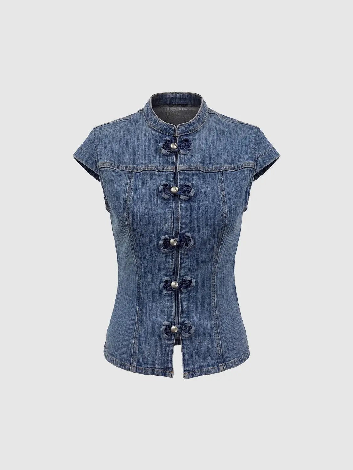 Denim shirt by Urban Revivo Fashion, blue wash with short sleeves and decorative frog closures along front