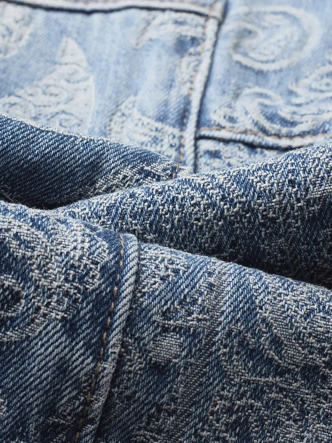 Jeans blue denim fabric close-up with visible stitching; Urban Revivo Fashion.