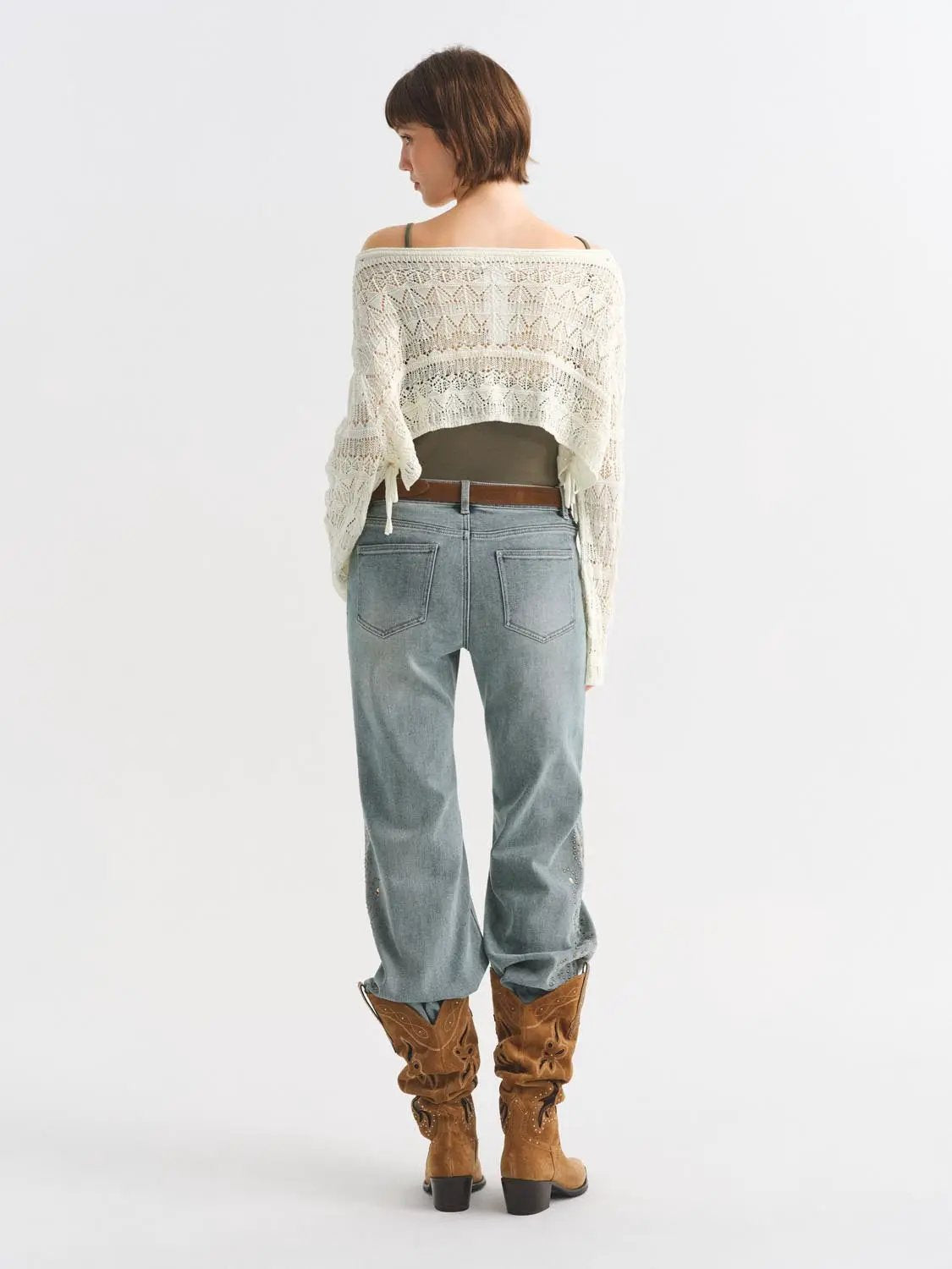 Jeans by Urban Revivo Fashion, light-wash denim with brown belt, back view