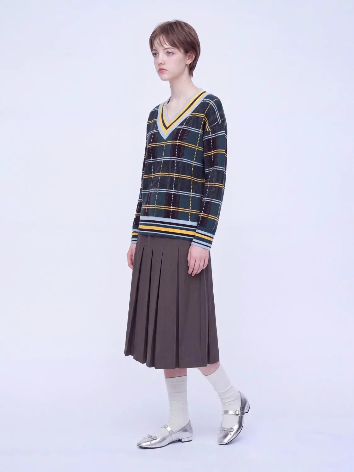 Check long sleeve knitted T-shirt by Urban Revivo Fashion in navy/green plaid with yellow stripes