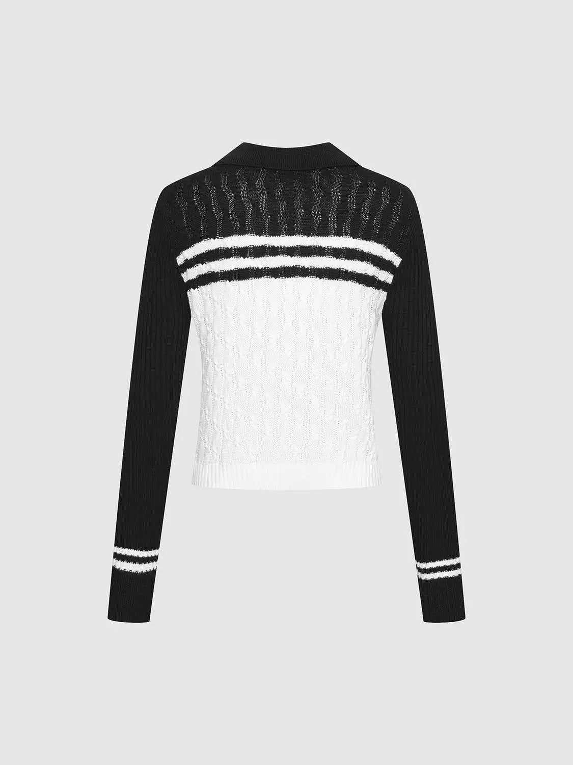 Striped Collared Knitted Cardigan in black and white with ribbed cuffs and hem