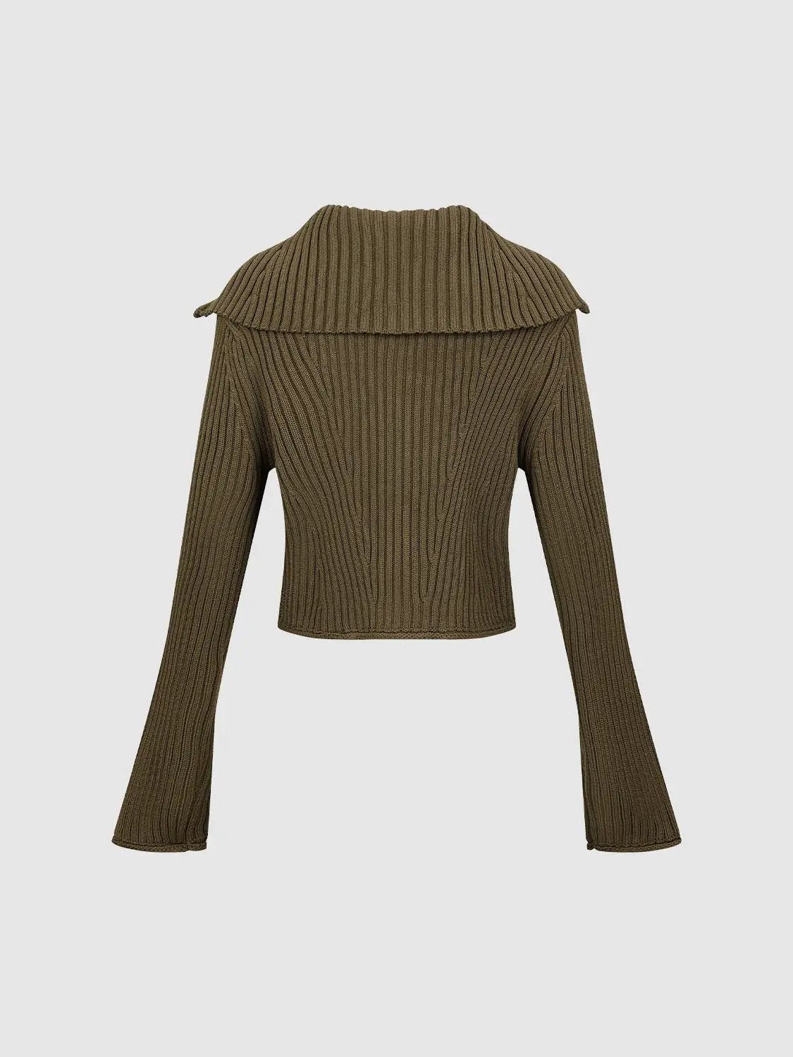 Knit jacket; olive-brown ribbed knit with oversized collar, cropped length.