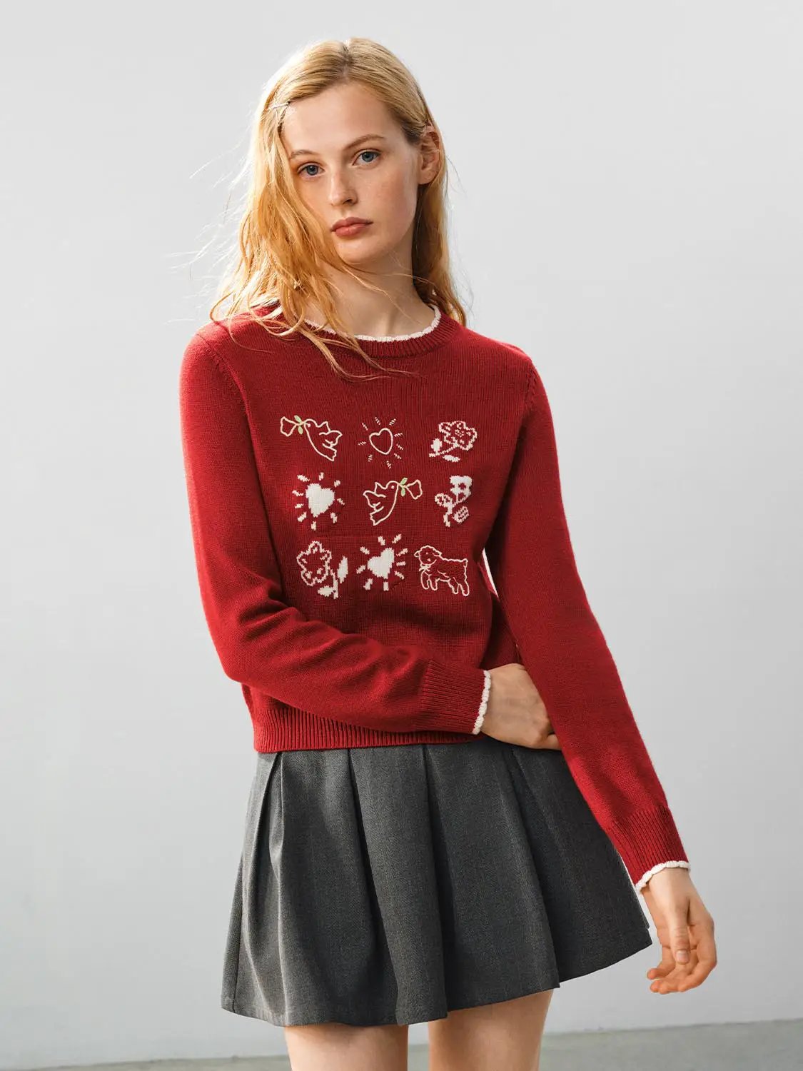 Knitwear T-shirt red knitted long-sleeve top with white graphic motifs