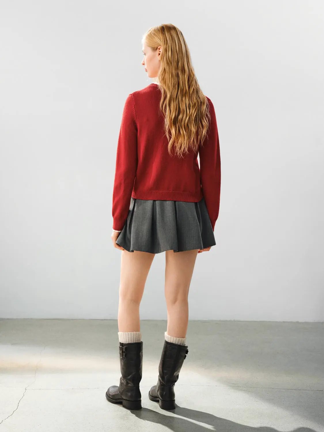 Knitwear T-shirt red knit top with ribbed hem and long sleeves