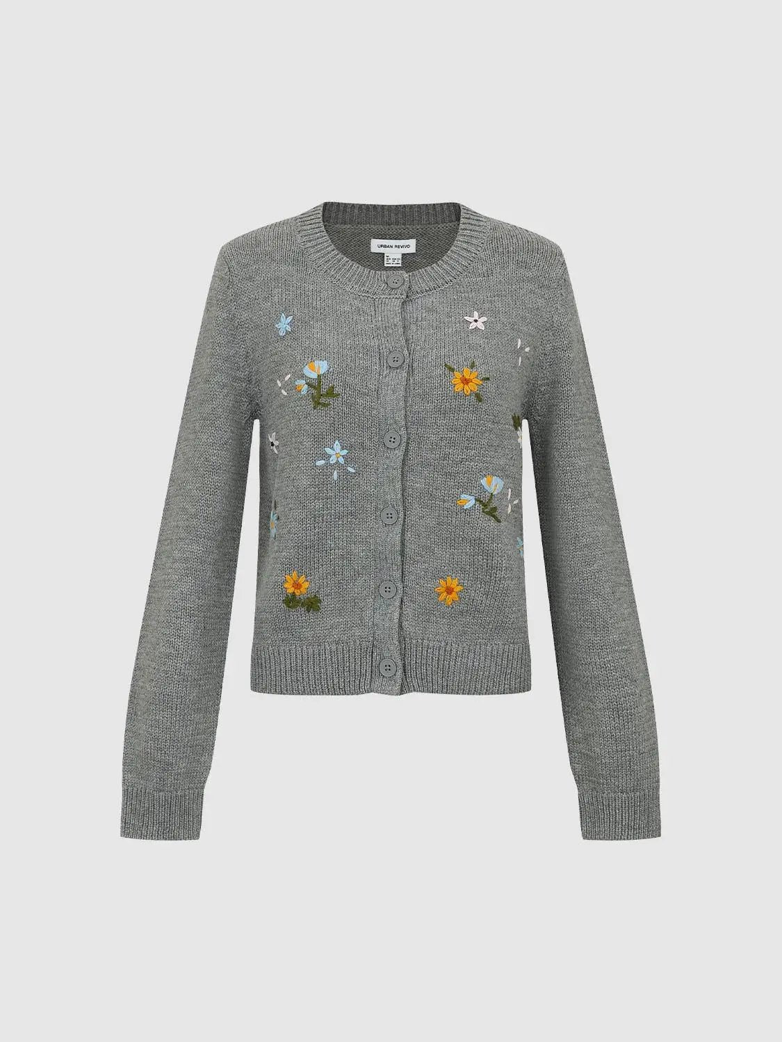 Knitted cardigan by Urban Revivo, gray knit with colorful floral embroidery and button-front