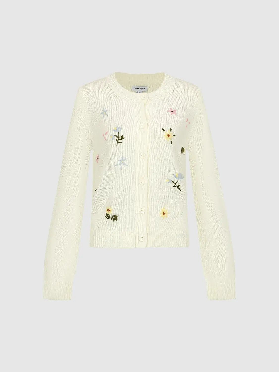 Knitted cardigan in cream with pastel floral embroidery; button-front, long sleeves, Urban Revivo Fashion.