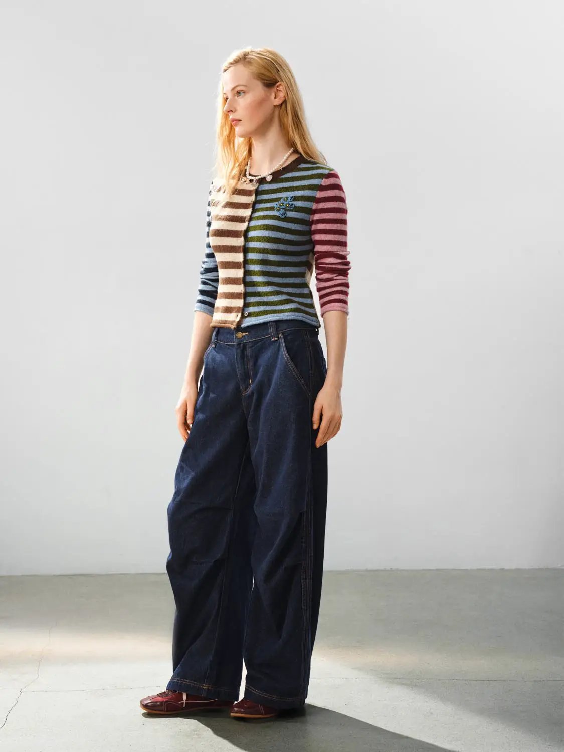Embroidered striped knit cardigan with multicolor horizontal stripes, crew neck, long sleeves, Urban Revivo Fashion