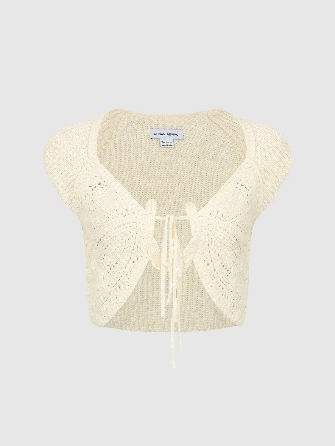 Knit cardigan in ivory with crochet lace panels and tie-front closure, Urban Revivo
