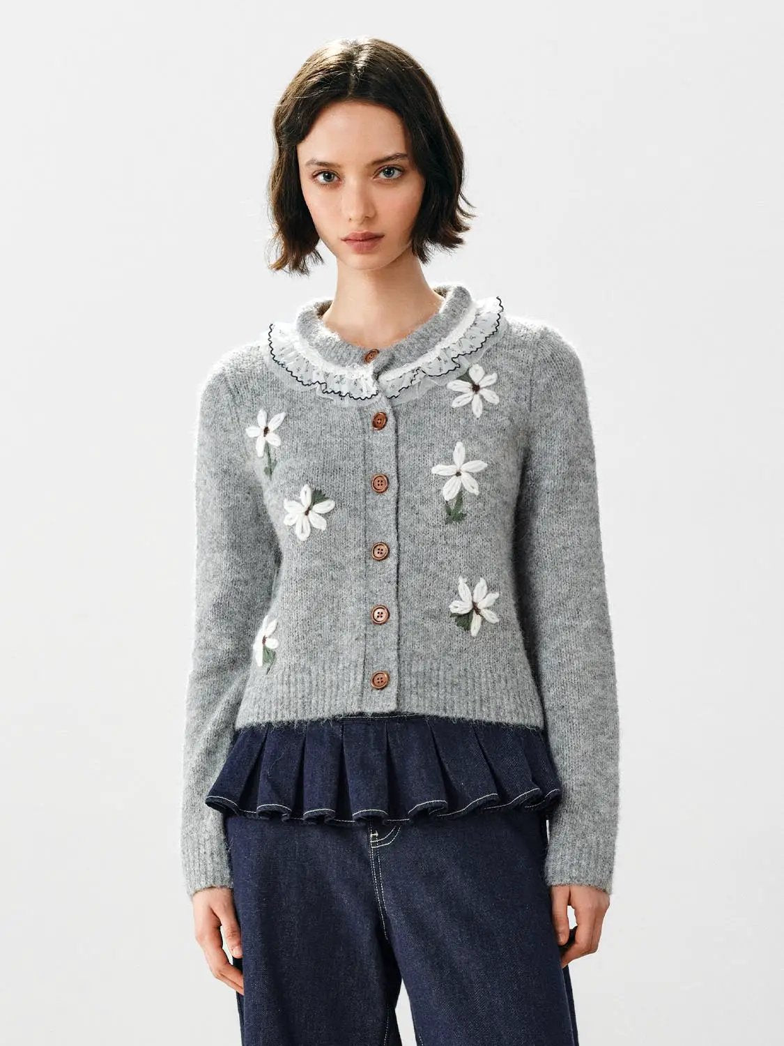 Floral embroidered long-sleeve grey knitted cardigan with ruffle collar and button front