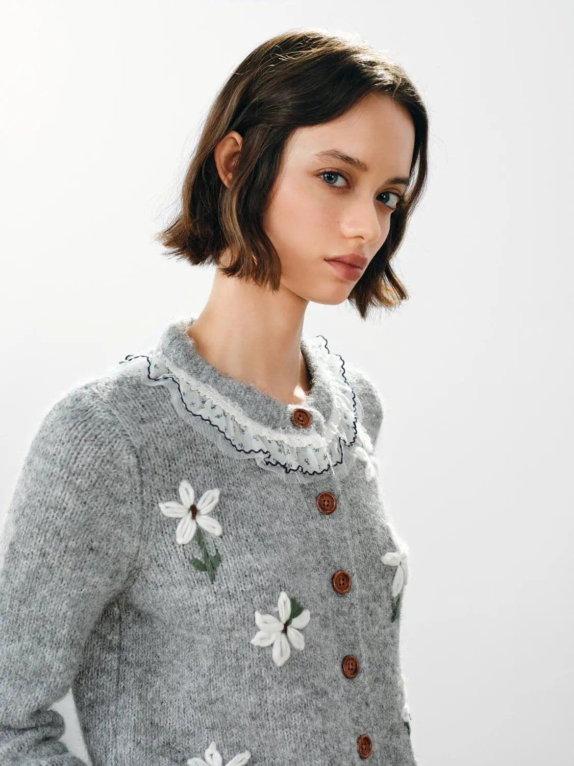 Floral embroidered ruffle-collar grey knitted long-sleeve cardigan by Urban Revivo Fashion