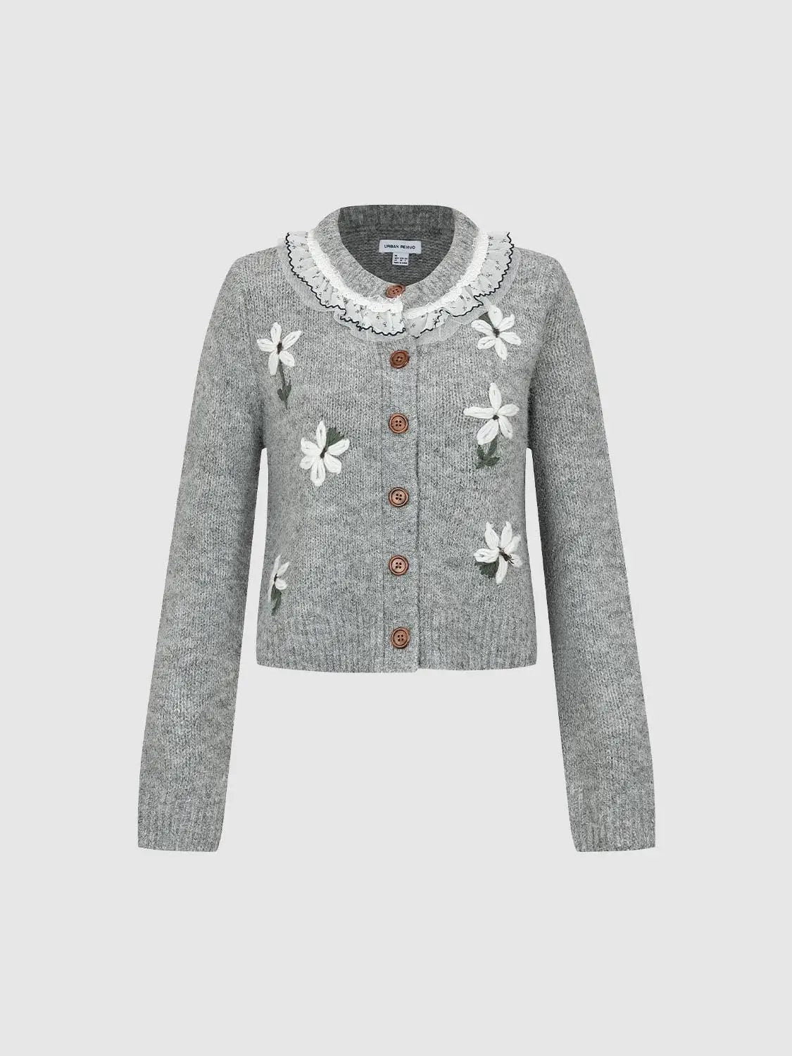 Floral embroidered grey knitted cardigan with a white ruffle collar and brown buttons, Urban Revivo Fashion