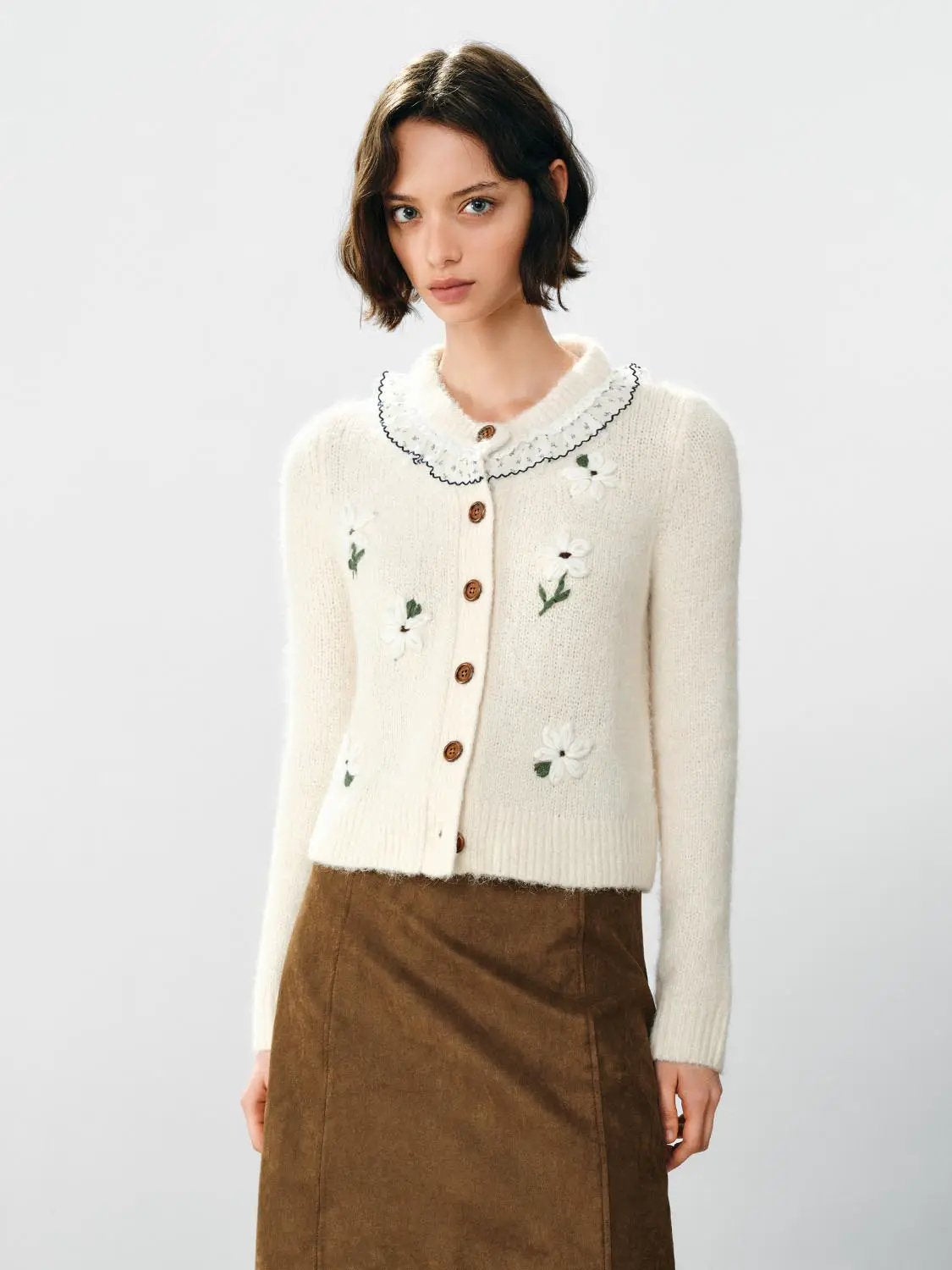 Floral Embroidered Ruffle Collar Long Sleeve Cardigan, cream knit with wooden buttons