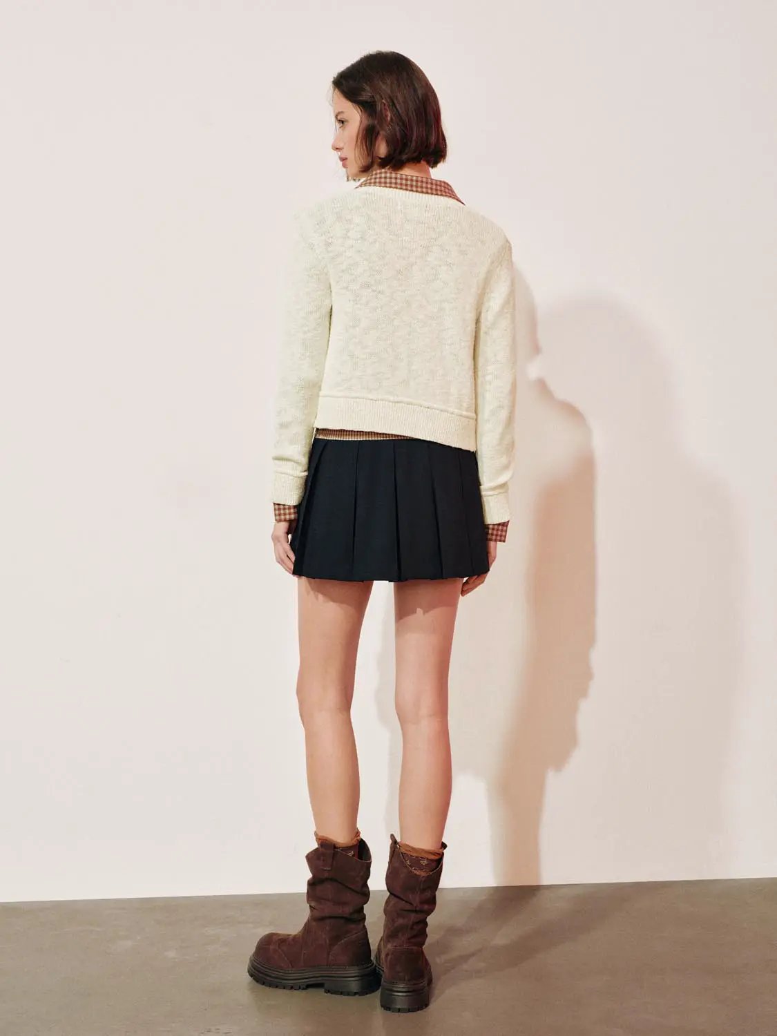 Embroidered Crew Neck Long Sleeve Cotton Cardigan; cream knit with ribbed hem, cropped length.