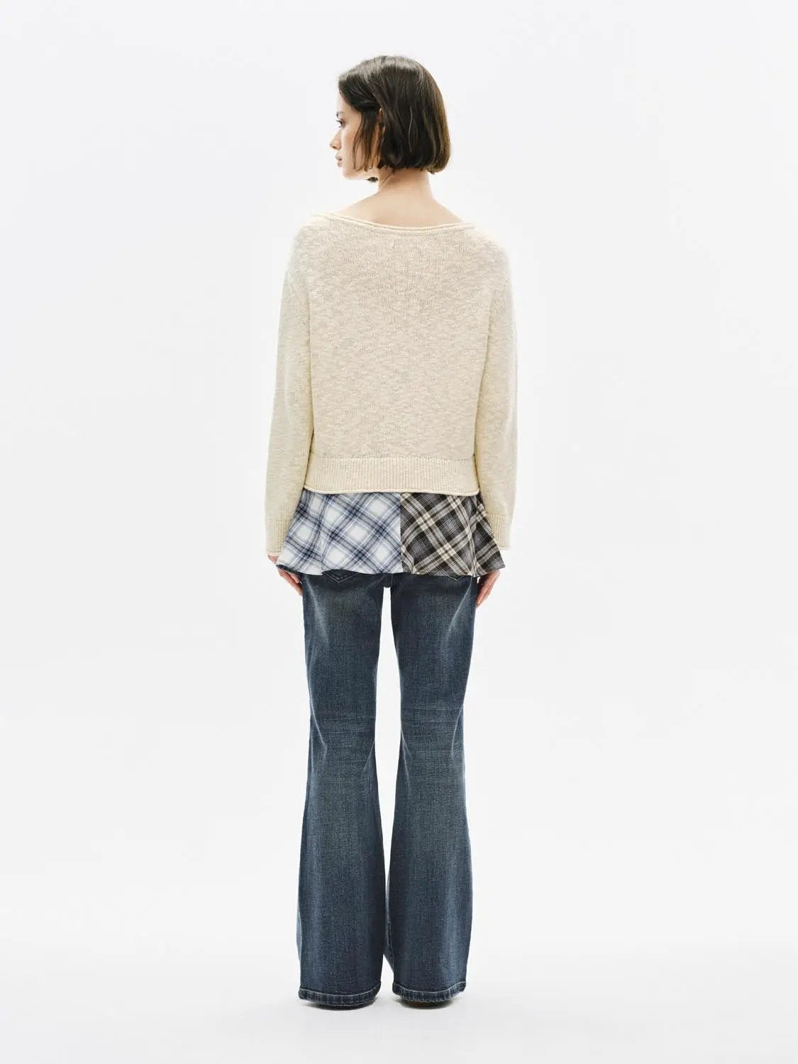 Text Embroidered Boat Neck Long Sleeve Cotton Sweater, beige knit with layered plaid hem.