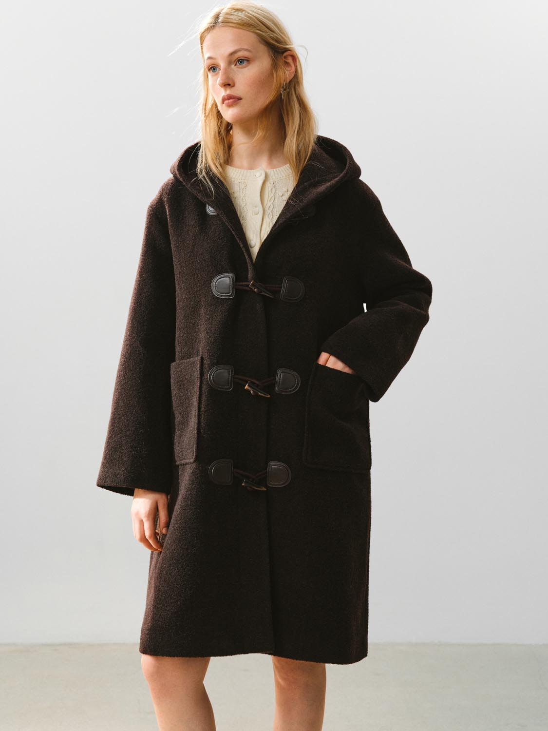 Coat by Urban Revivo Fashion in dark brown duffle style with toggle closures and large patch pockets
