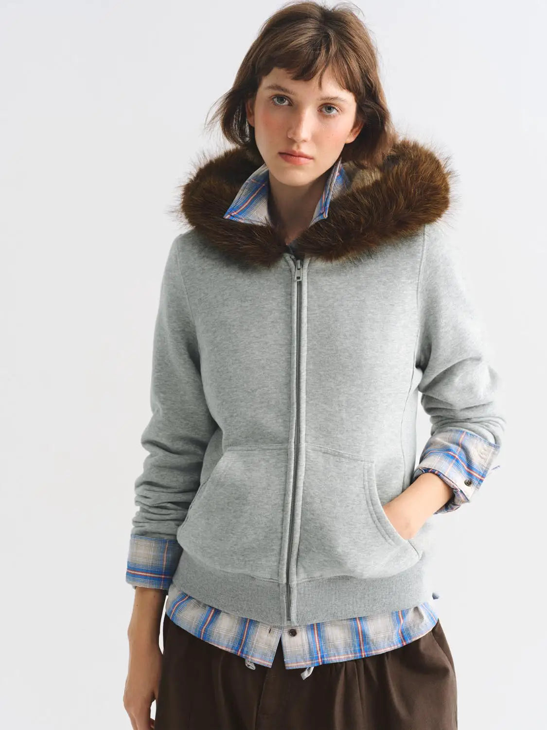 Other jackets gray zip-up with brown faux-fur hood trim Urban Revivo Fashion