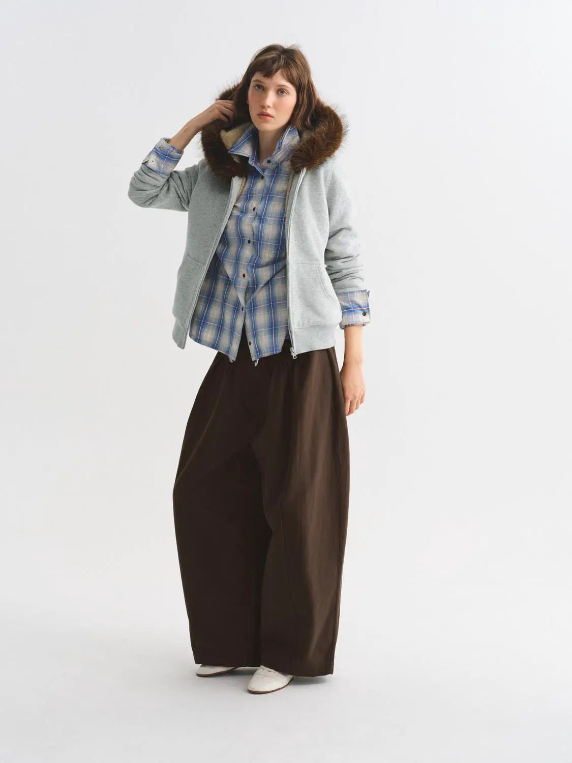 Other Jackets by Urban Revivo Fashion gray fur-trim hooded zip jacket over blue plaid shirt and brown wide-leg pants