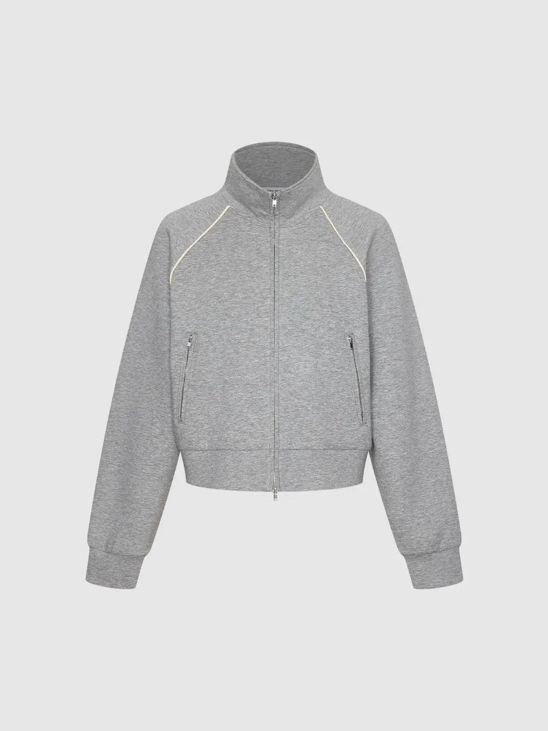 Sweatshirt jacket hoodie in heather gray with white piping and front zip pockets.