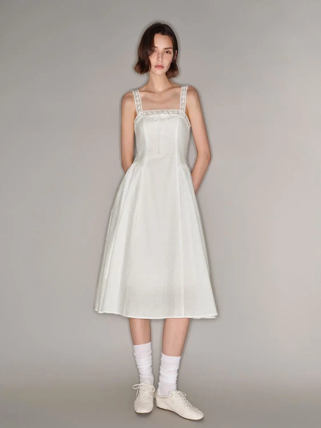 Cotton Lace-Trim Straps Neckline Front Tie A-Line Silhouette Dress in off-white.