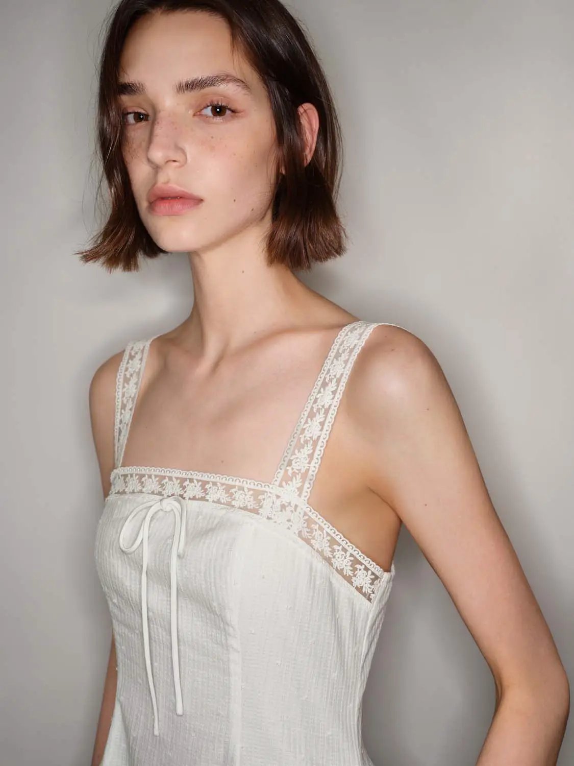 Cotton lace-trim straps dress with front tie, white A-line silhouette by Urban Revivo Fashion