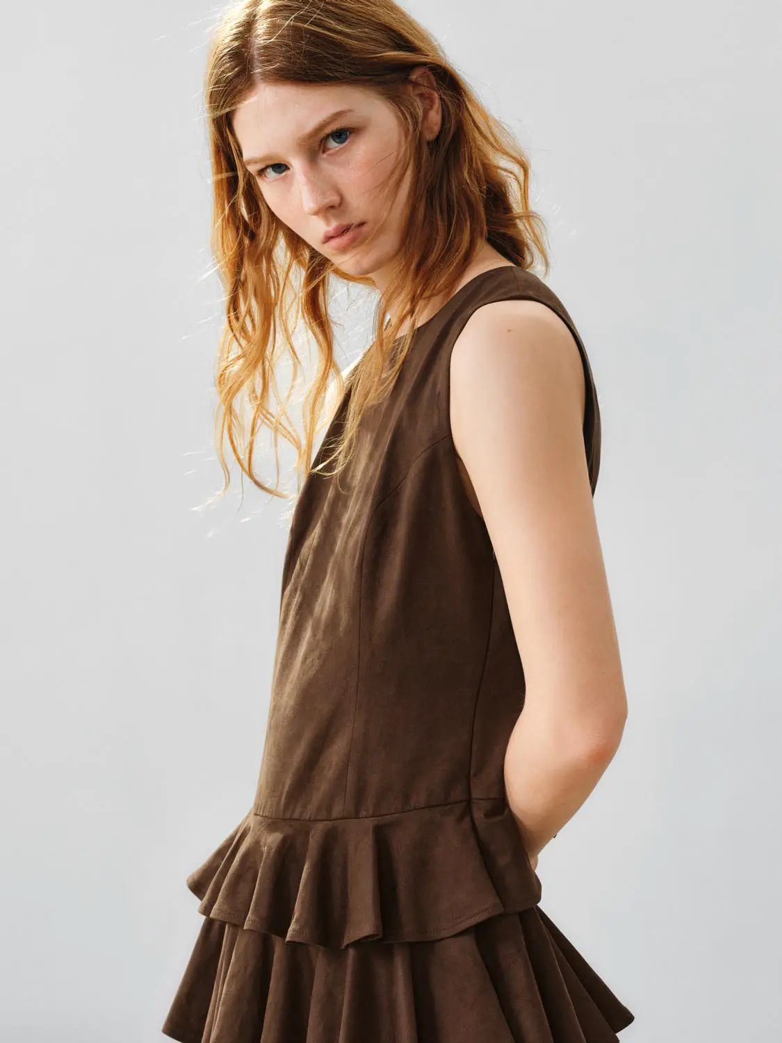 Layered Ruffle A-Line Crew Neck Sleeveless Mini Dress, brown fabric
