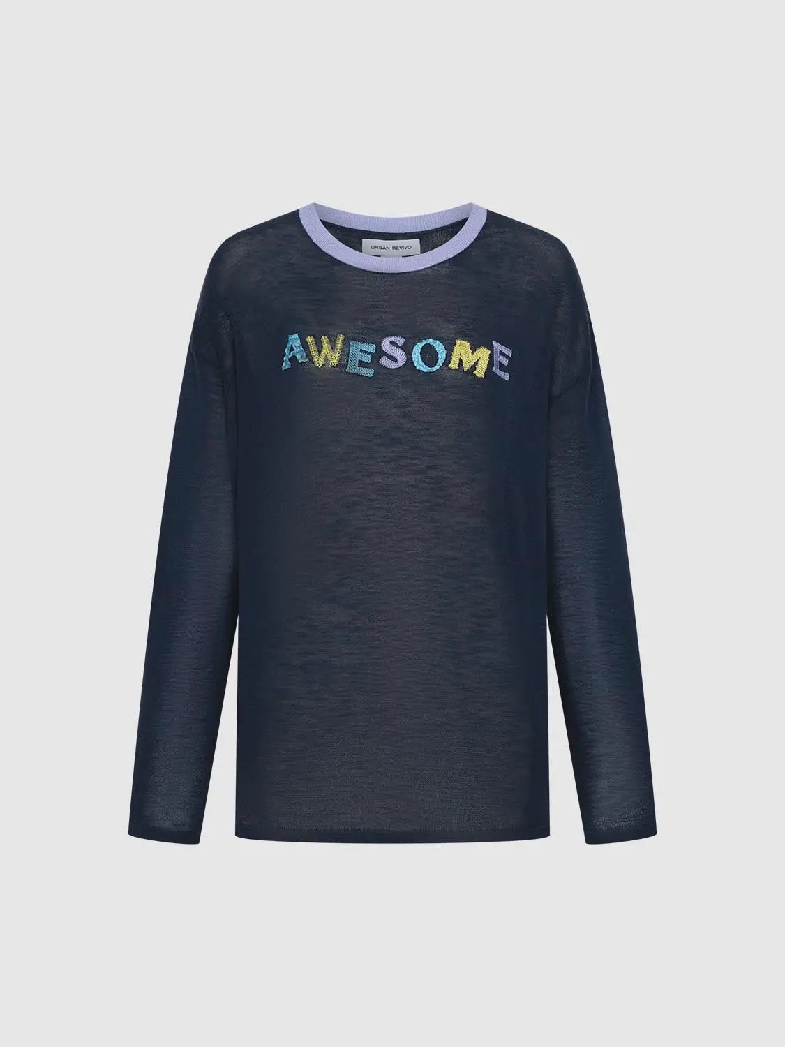 Knit T-Shirt by Urban Revivo Fashion in navy knit with lilac crew neck and multicolored AWESOME graphic
