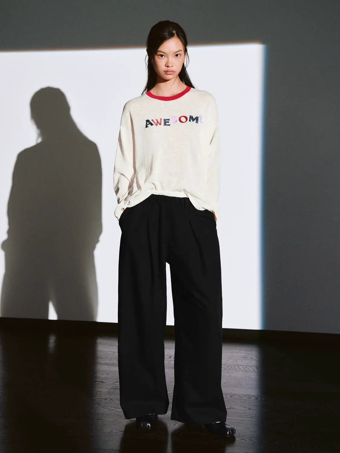 Knit T-Shirt in cream with red neckline and colorful AWESOME embroidery by Urban Revivo Fashion