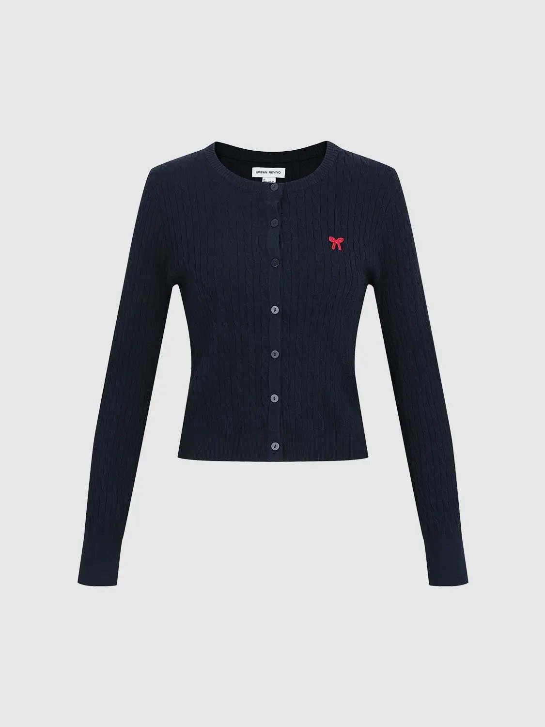 Knitted cardigan in navy with pink bow embroidery, button-front, Urban Revivo Fashion.
