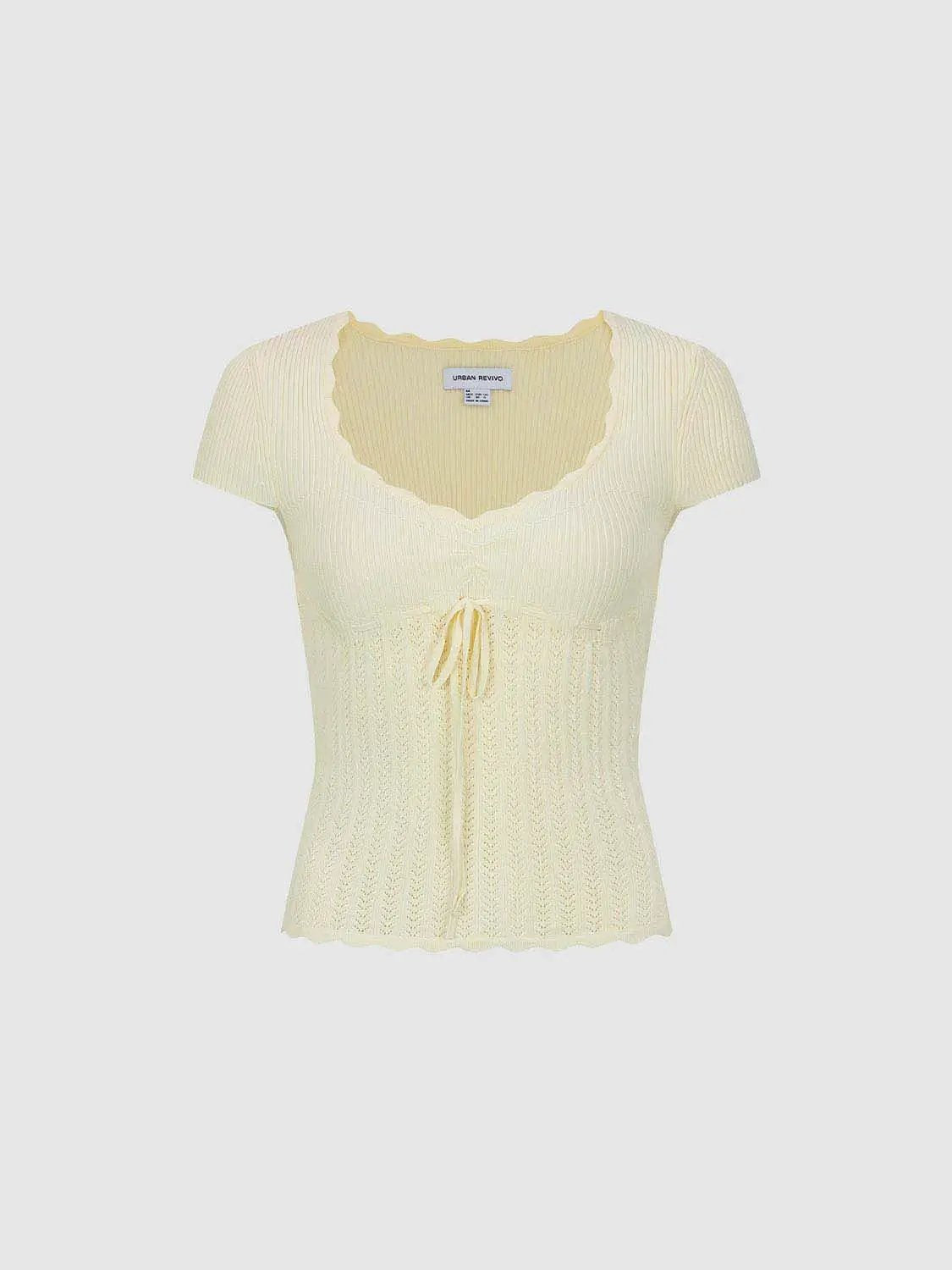 Knit Soft V-neck Scalloped Lace Lightweight Blouse in pale yellow by Urban Revivo Fashion