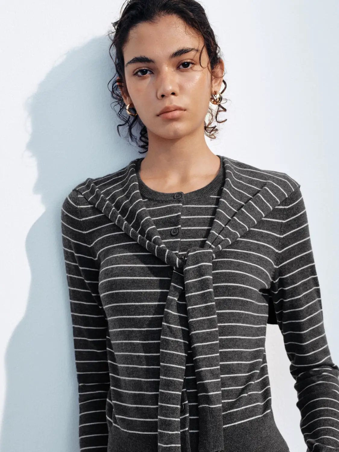 Knitted cardigan with charcoal and white stripes and tie-front scarf detail