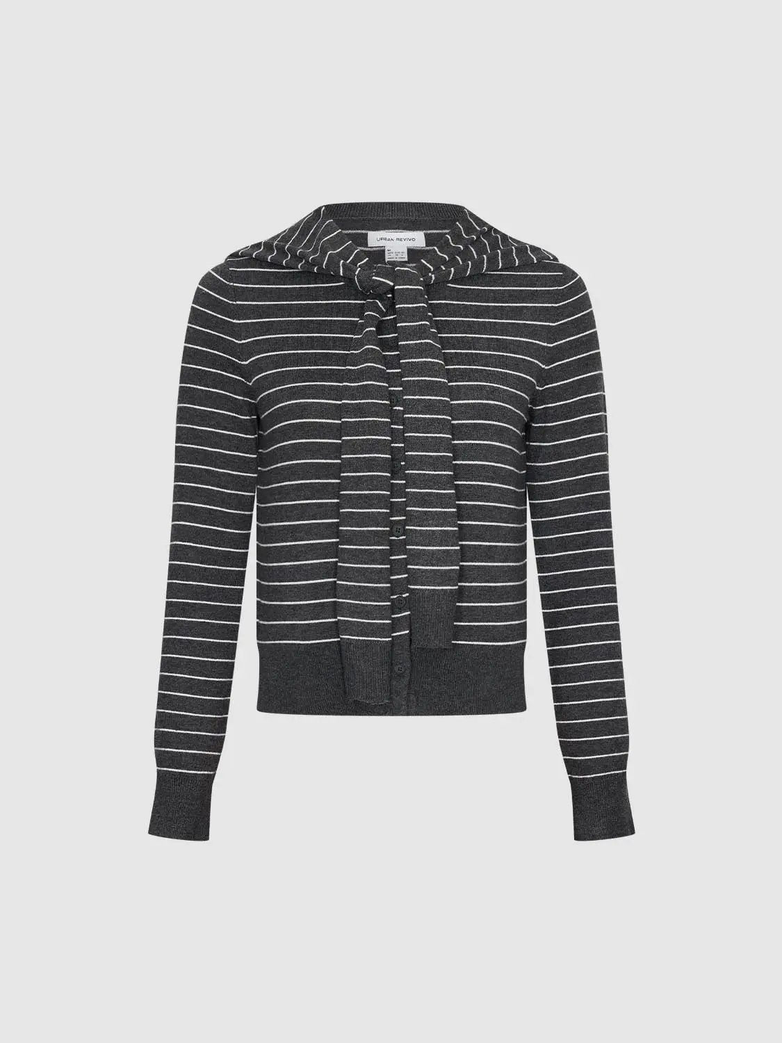 Knit jacket in charcoal gray with white stripes and a tie-neck scarf detail, Urban Revivo