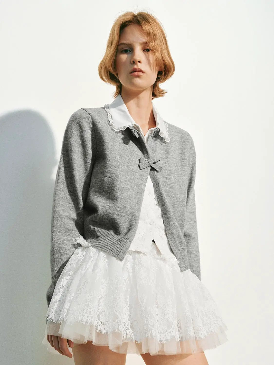 Knitwear Jacket, grey cardigan by Urban Revivo Fashion, worn over a white lace dress.