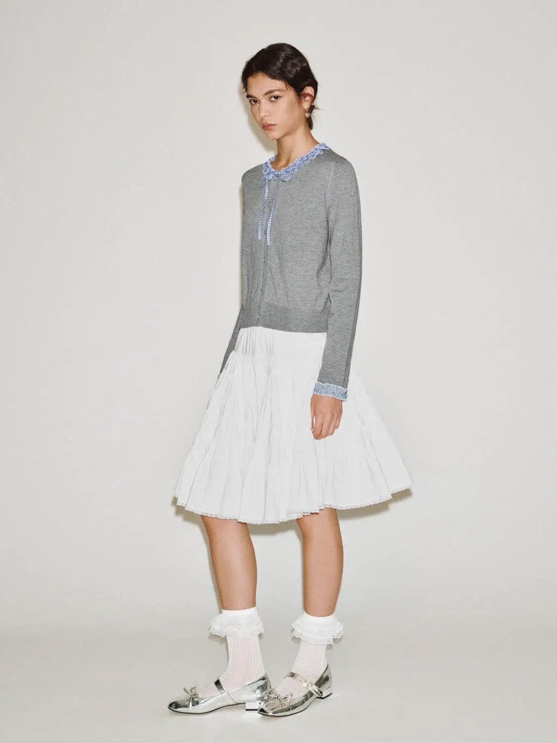 Knitted jacket in grey with blue lace-trim collar and cuffs, Urban Revivo Fashion.