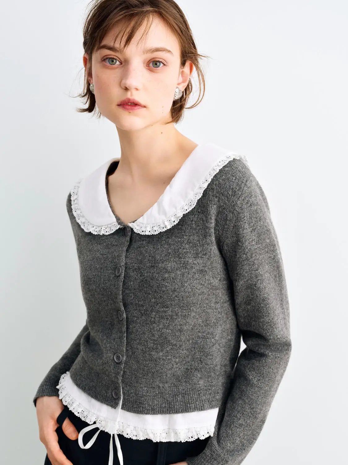 Knitted cardigan in dark gray with lace-trimmed white Peter Pan collar, button-front Urban Revivo Fashion