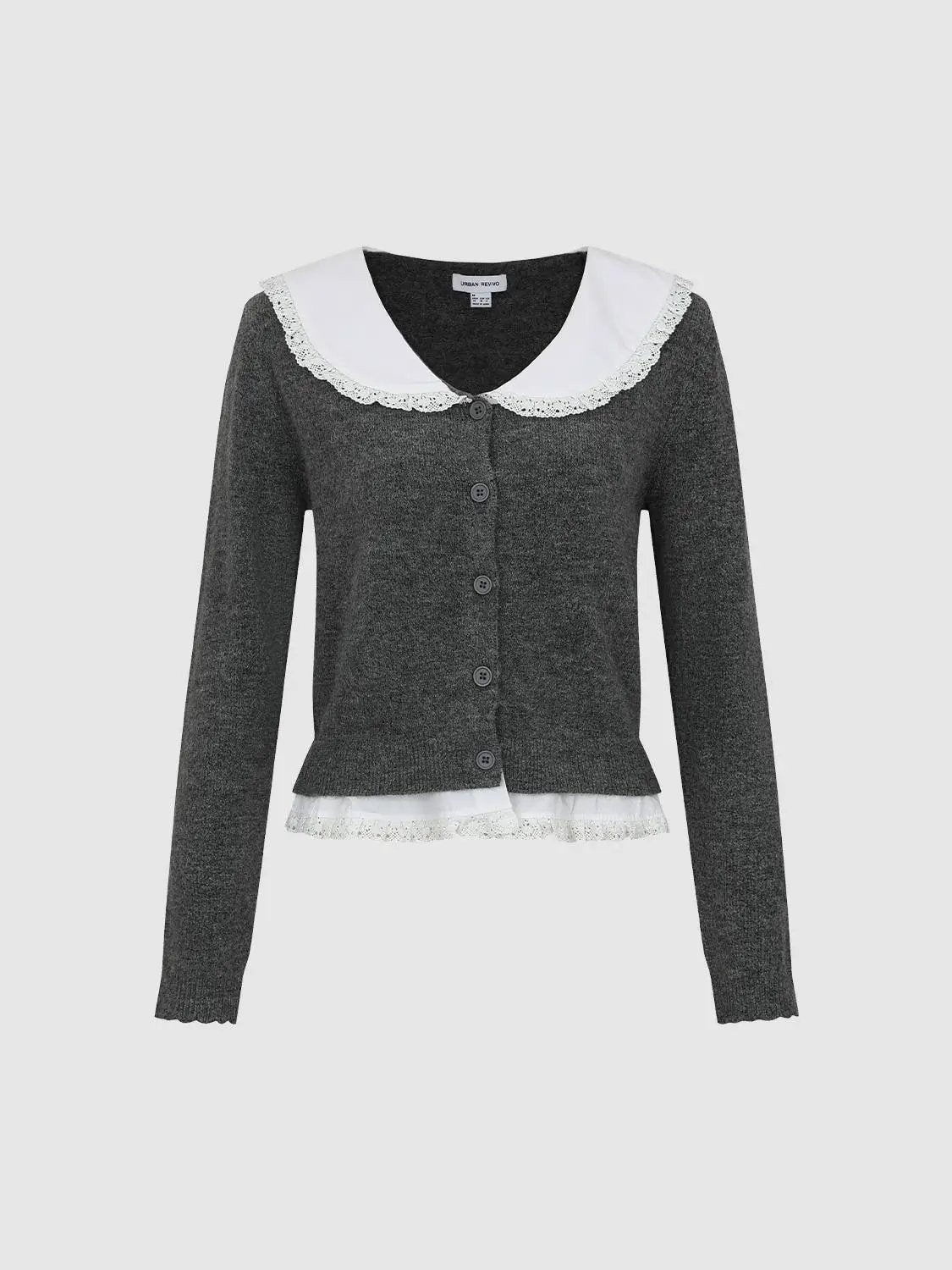 Knitted cardigan with white lace collar; dark gray knit, cropped length with lace trim hem, Urban Revivo Fashion