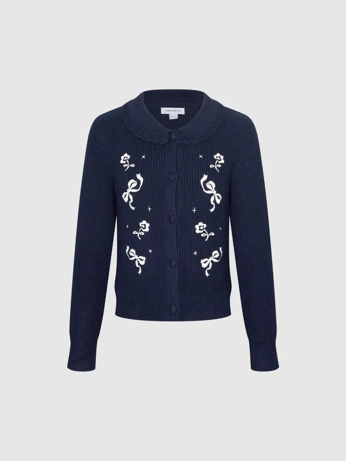 Knitwear Jacket navy cardigan with white floral embroidery and bow motifs, Urban Revivo