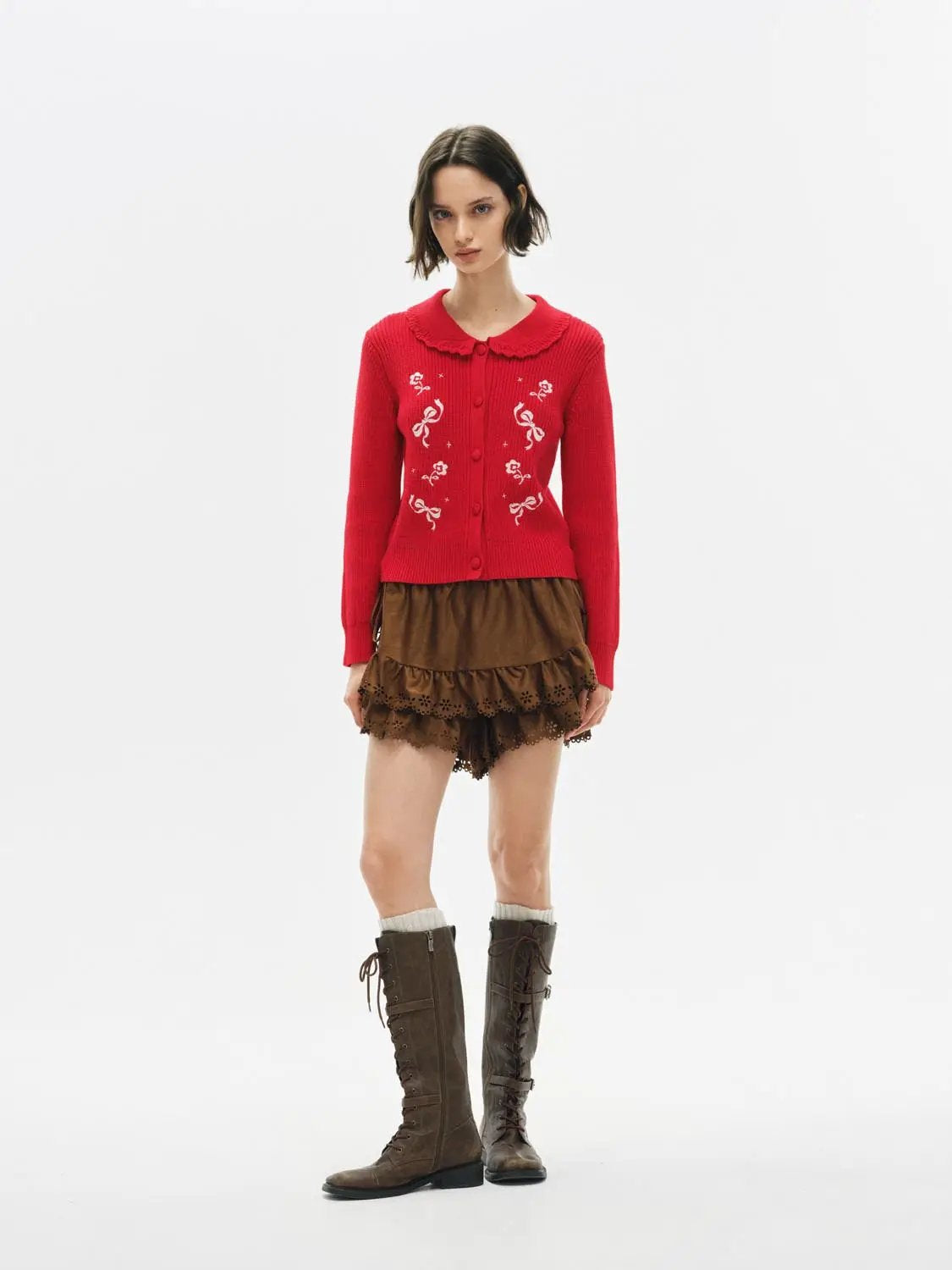 Knitwear cardigan in red with white floral embroidery, collared neck and button front