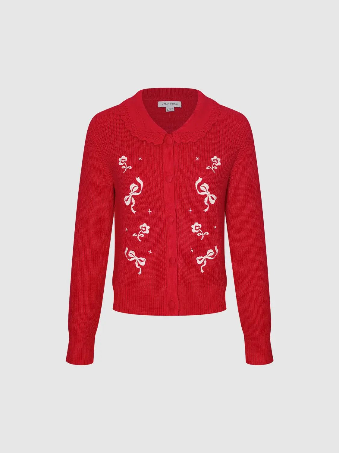 Red knit cardigan with white floral embroidery and bow motifs, scalloped collar, button front, Urban Revivo.