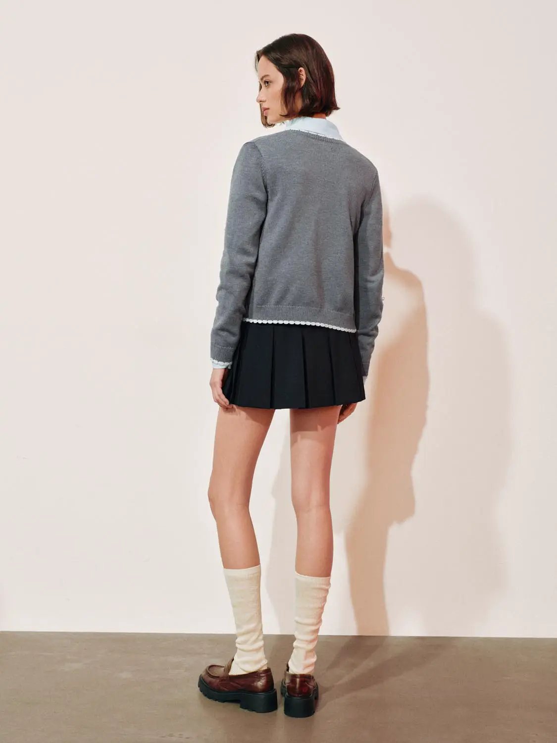 Graphic long sleeve ribbed knit cardigan by Urban Revivo Fashion, gray with white trim along hem and cuffs