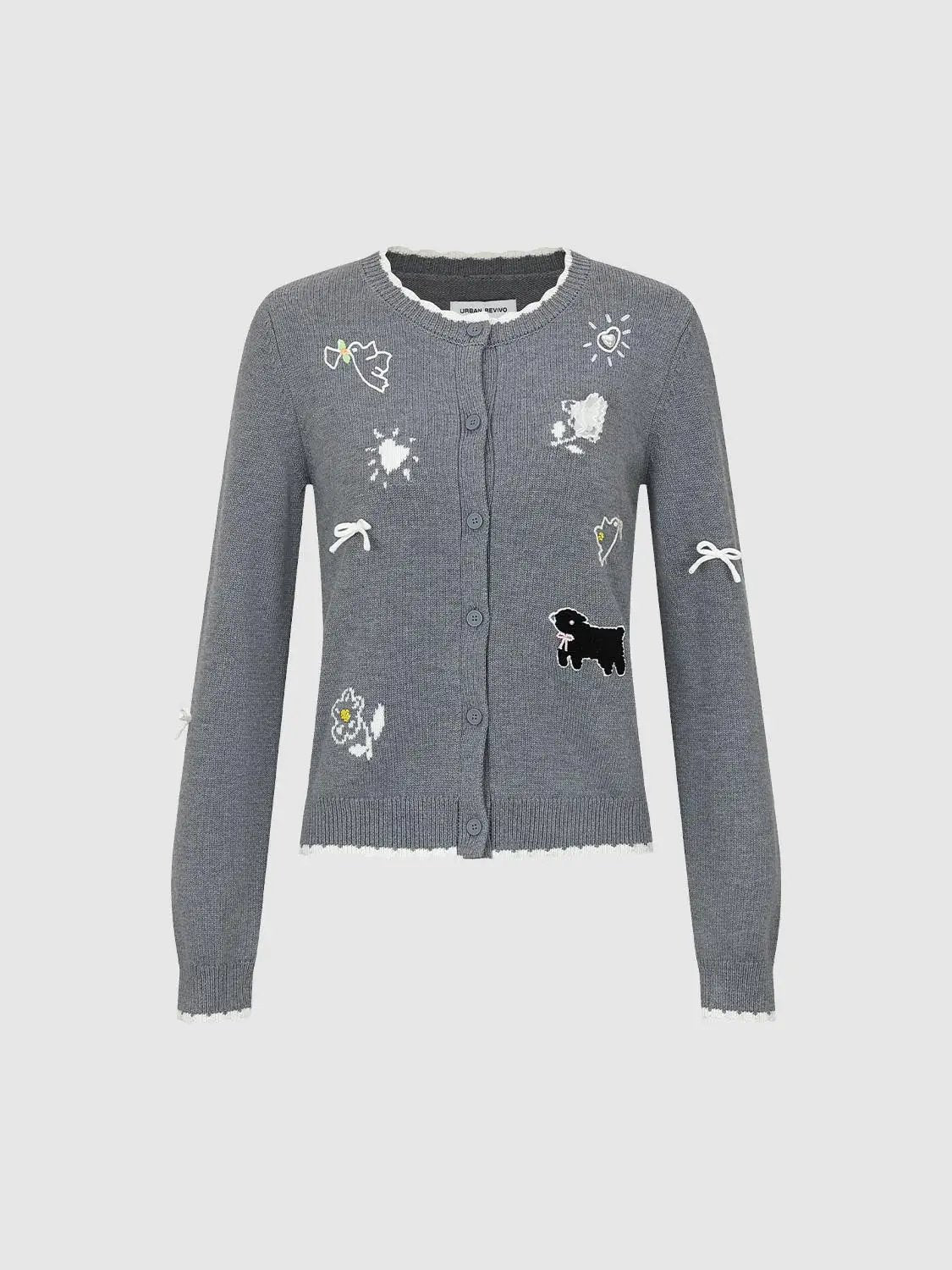 Graphic long sleeve ribbed knit cardigan by Urban Revivo, gray with embroidered motifs