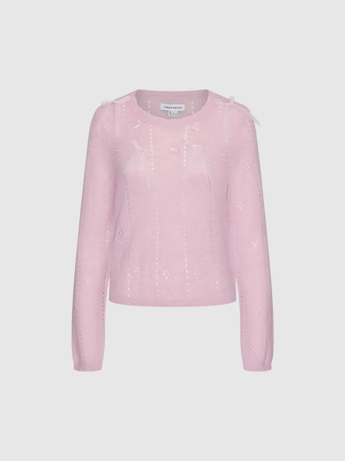 Bow Detail Textured Crew Neck Long Sleeve Sweater, pink knit, Urban Revivo Fashion